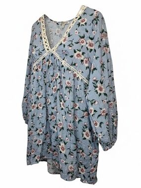 Tassels N Lace Dusty Blue Floral Peasant Dress with Cream Lace Trim Size Medium